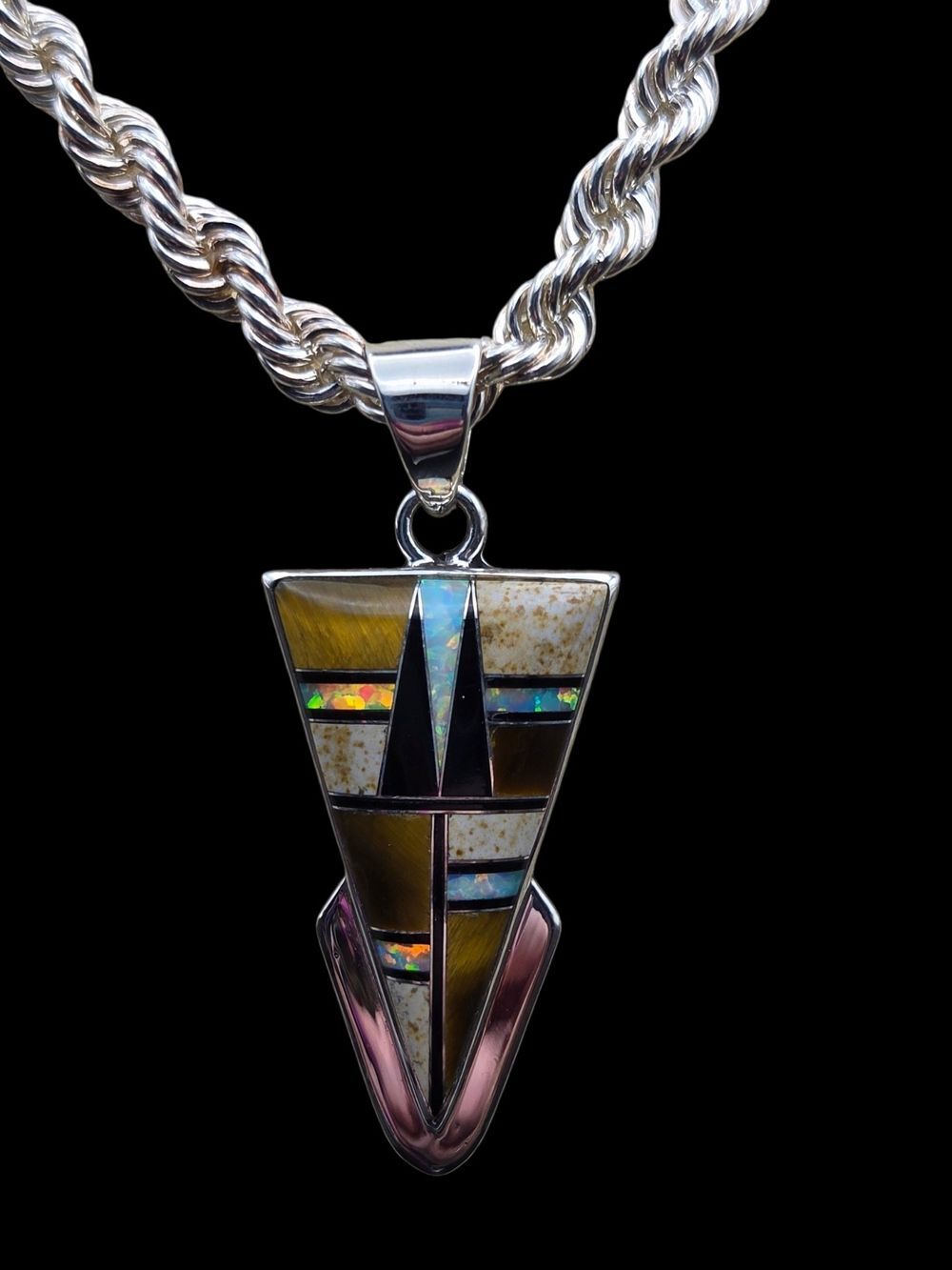 Sterling Silver Arrowhead Pendant, Tiger's Eye Opal Onyx Inlay, Signed